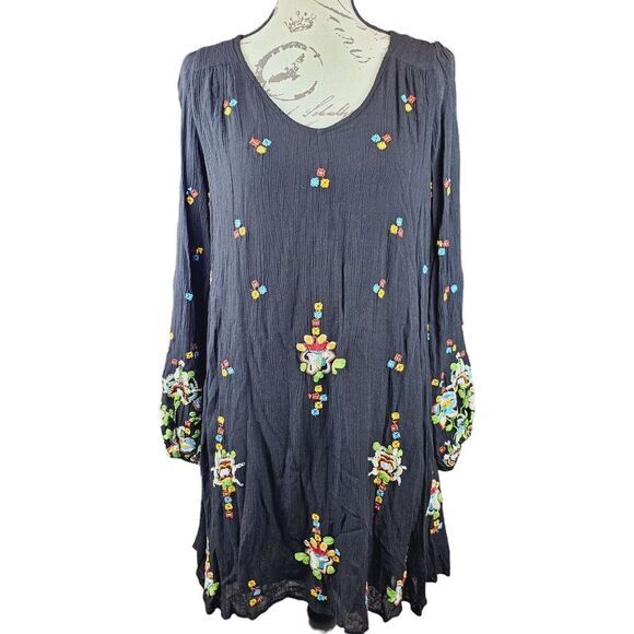 Free People Black Oxford Embroidered Long‎ Sleeve Back Cut Out Mini Dress Size S - Picture 2 of 8